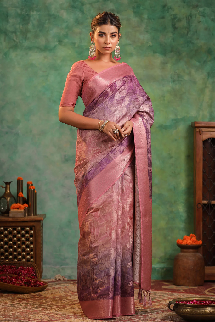 Mauve Tussar Silk Floral Art Printed Zari Woven Saree