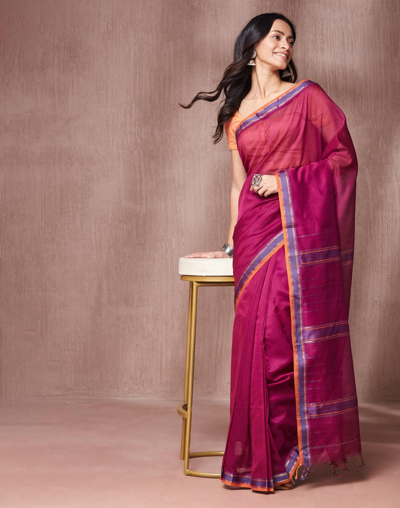 Wine Cotton Silk Blend Stitched Sari