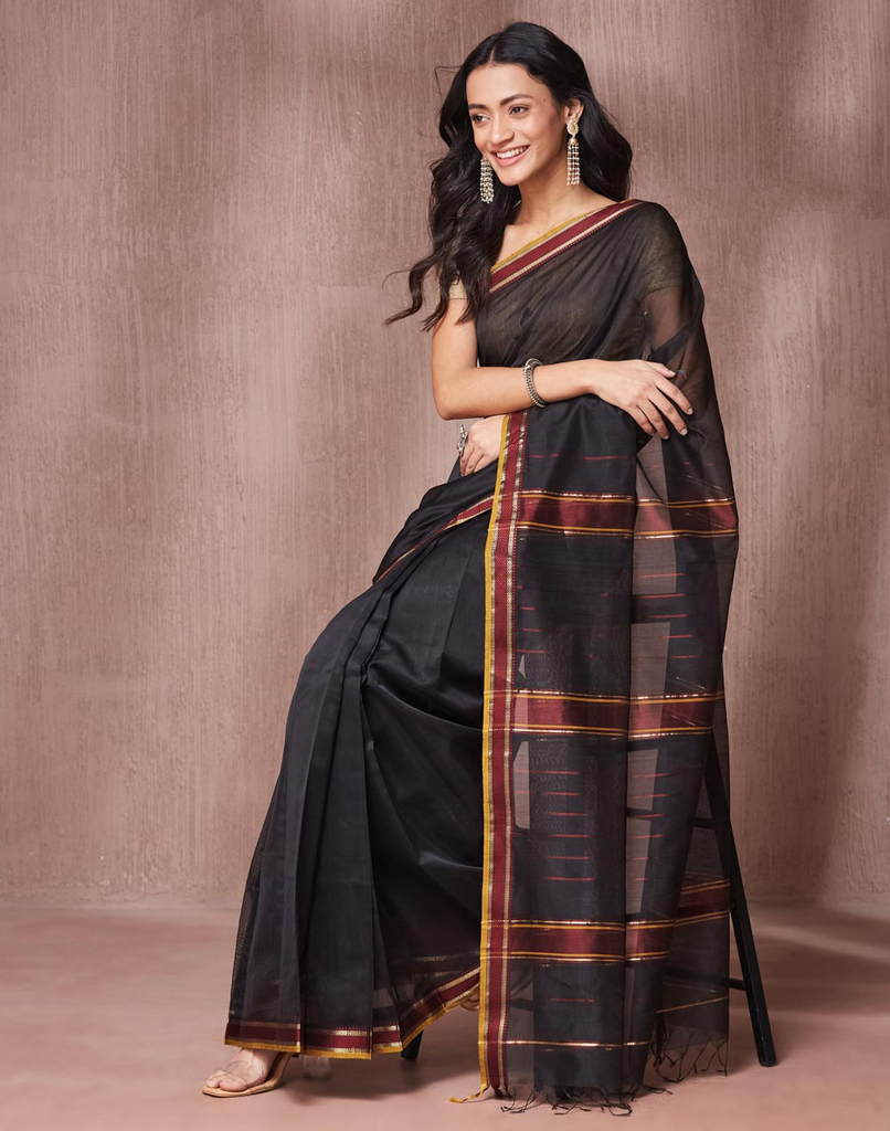 Black Cotton Silk Blend Stitched Sari