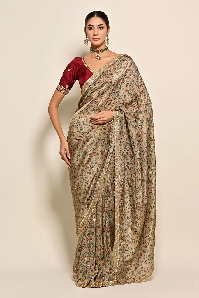 Tussar-Hued Silk Floral Digital Printed Saree With Embroidered Border