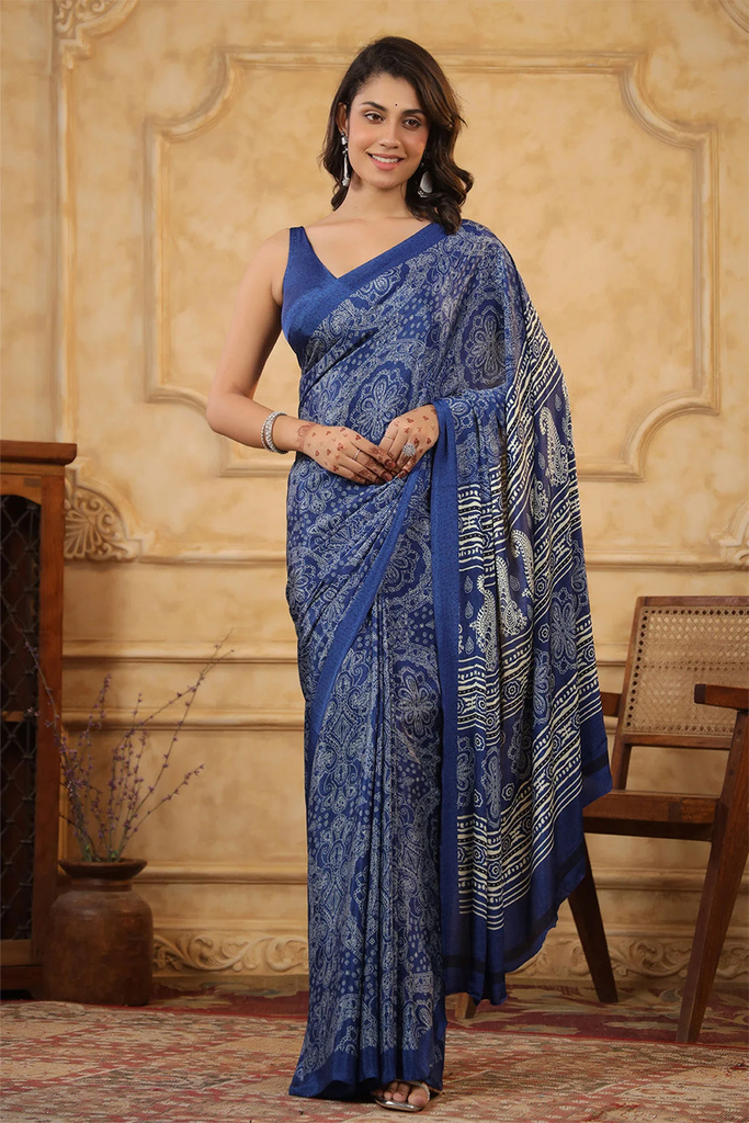 Blue Crepe Printed Saree