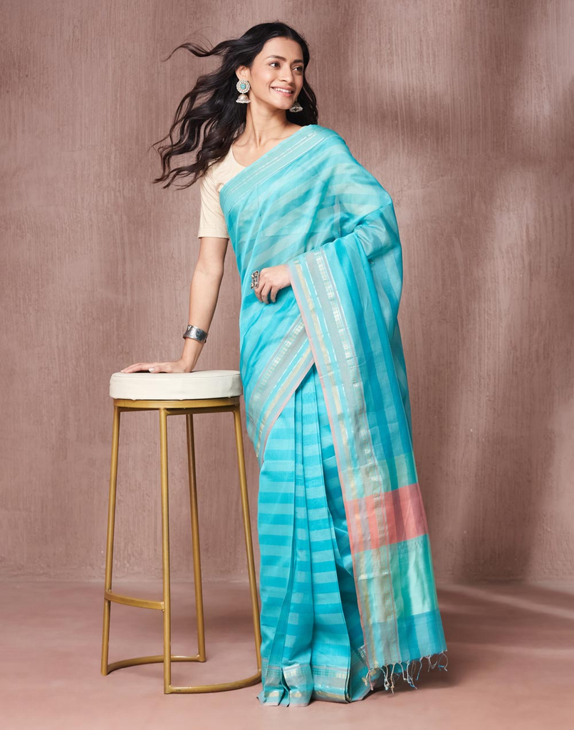 Turquoise Cotton Silk Blend Stitched Sari