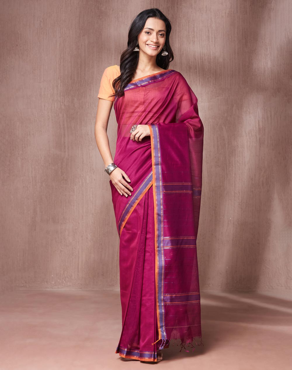 Wine Cotton Silk Blend Stitched Sari