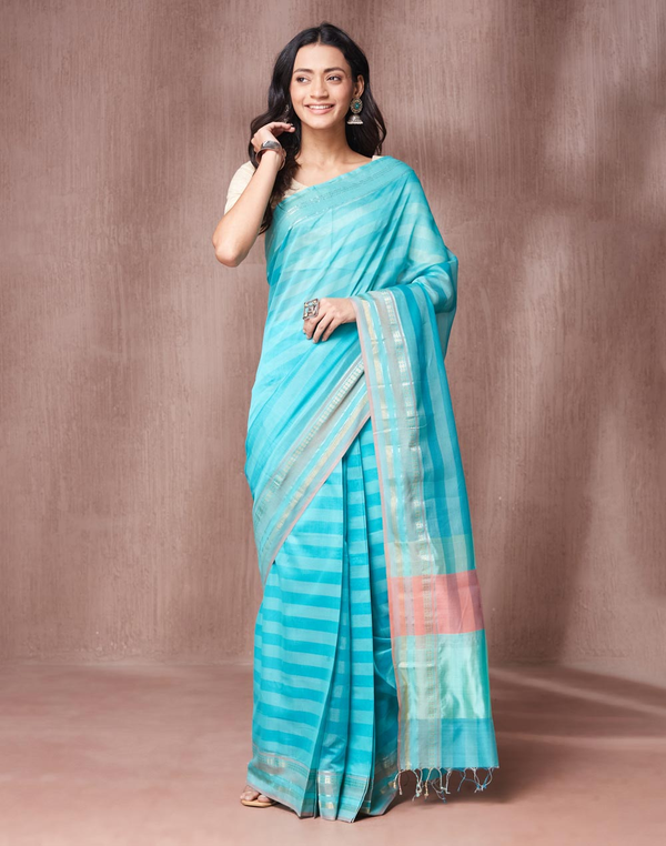 Turquoise Cotton Silk Blend Stitched Sari