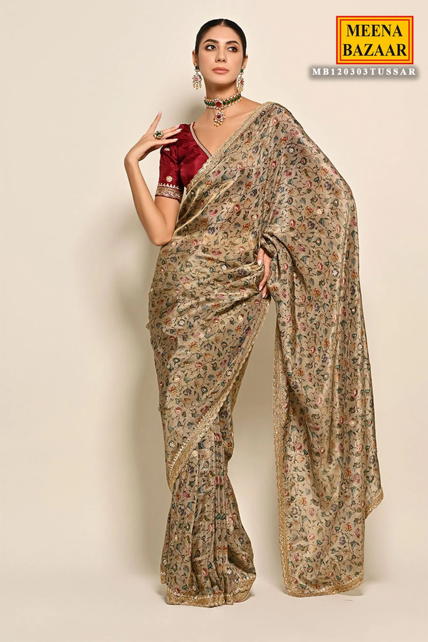 Tussar-Hued Silk Floral Digital Printed Saree With Embroidered Border