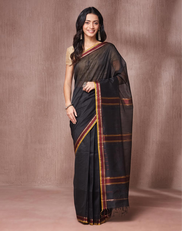 Black Cotton Silk Blend Stitched Sari