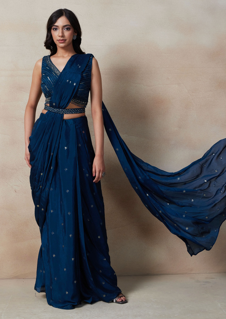 Stitched Saree Set With Sequin Embellished Blouse And Belt