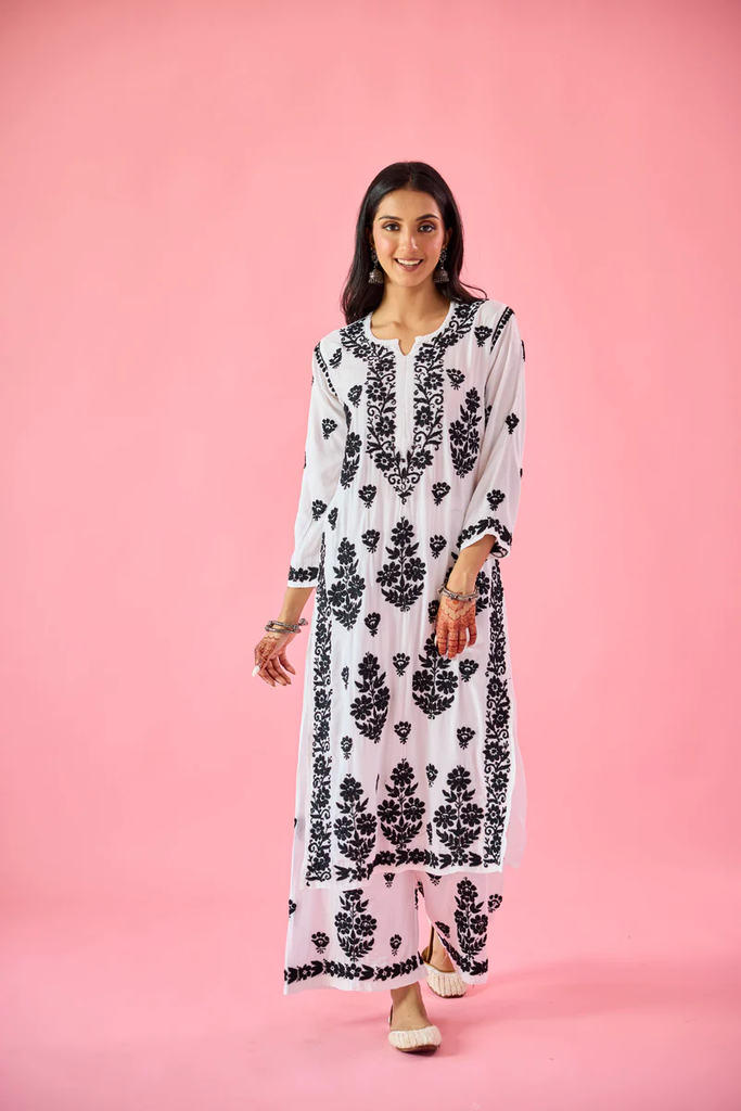 AURUM BLACK & WHITE MODAL HAND EMBROIDERED CHIKANKARI KURTA & PANT SET