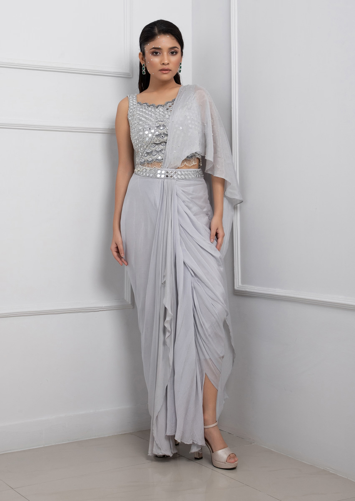 Grey Hand Embroidered Chinon Taffeta Pre-Draped Saree Set