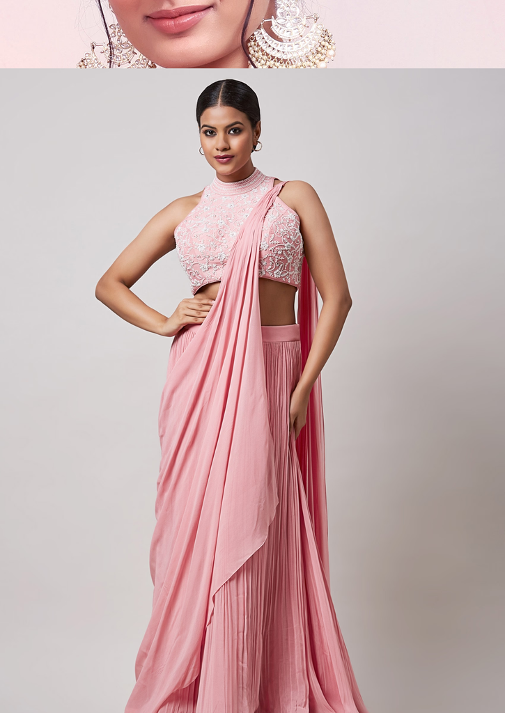 Pink Hand Embroidered Pre-Draped Saree Set