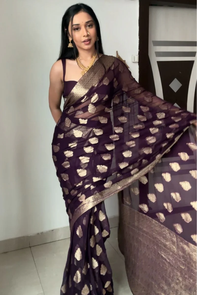 Ready To Wear Dark Purple Cotton Silk Saree