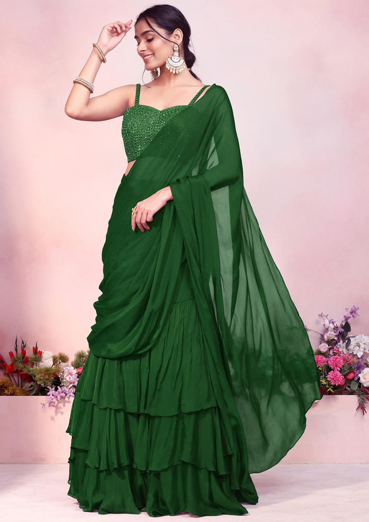 Green Ruffled Pre-Stitched Saree Set With Sequin Thread Hand Embroidered Strappy Blouse