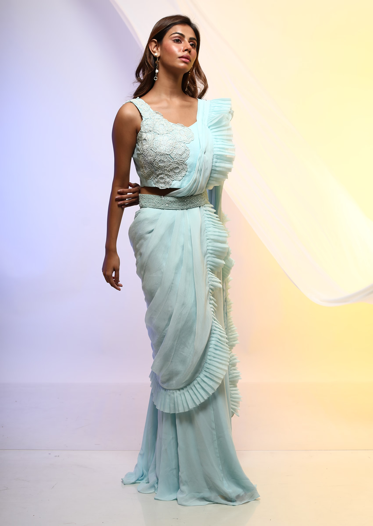 Light Blue Embroidered Chinon Pre-Draped Saree Set 21000