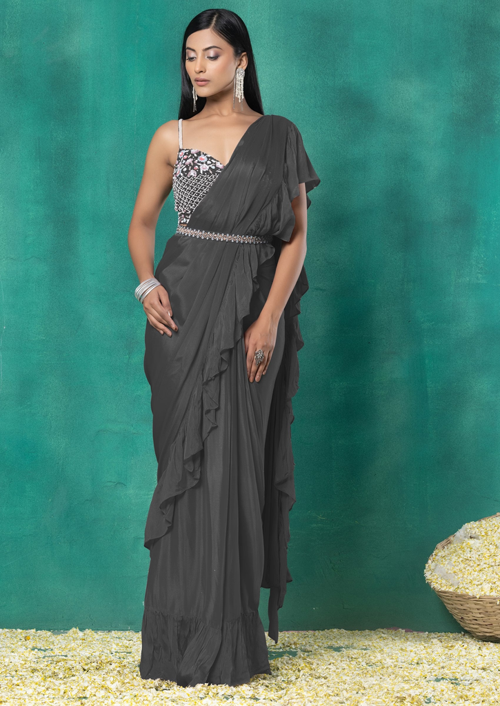 Grey Pre-Stitched Saree Set With Floral Sequin Bead Hand Embroidered Blouse And Belt