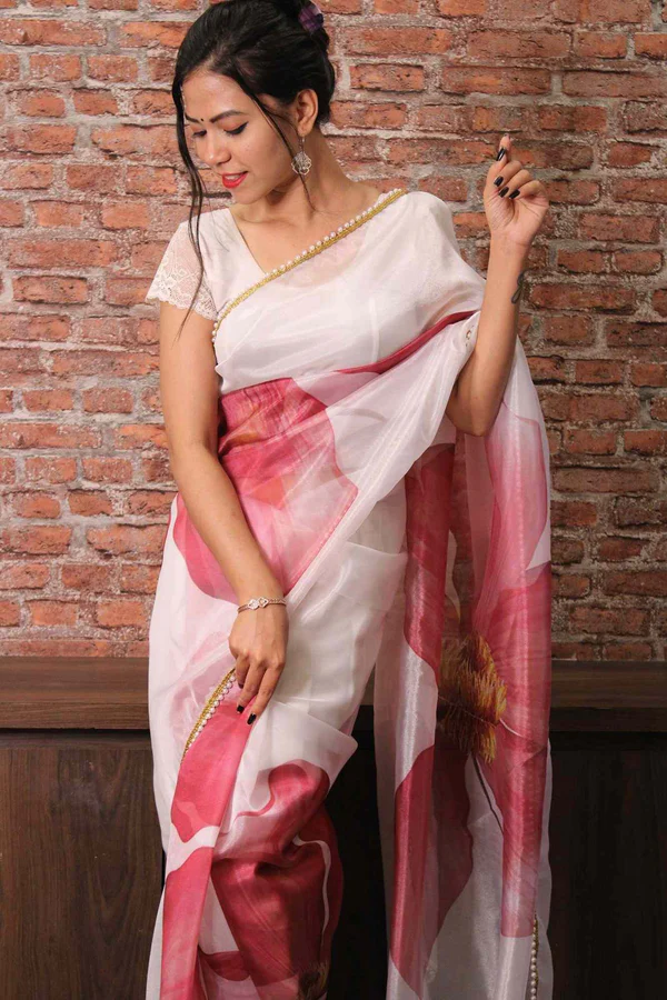 Off white and pink floral organza with moti lace border wrap in 1 minute saree