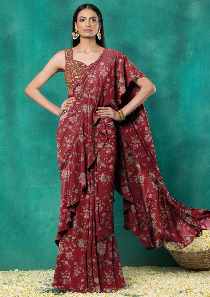 Maroon Ruffled Pre-Stitched Saree Set With Sequin Leaf Hand Embroidered Blouse