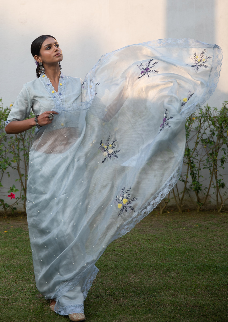 Blue Lace Embroidered Saree With Blouse