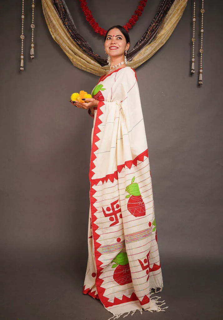 Off-White Cotton Khesh With Red Applique Work Wrap in 1 minute Saree