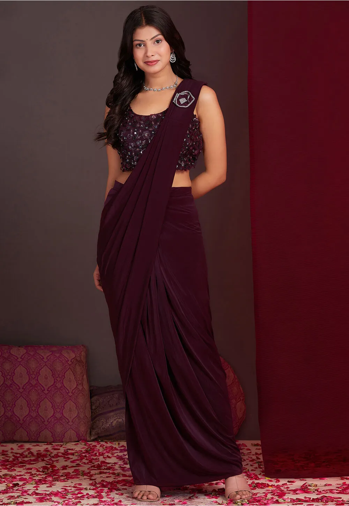 Pre Stitched Lycra (Elastane) Saree in Maroon