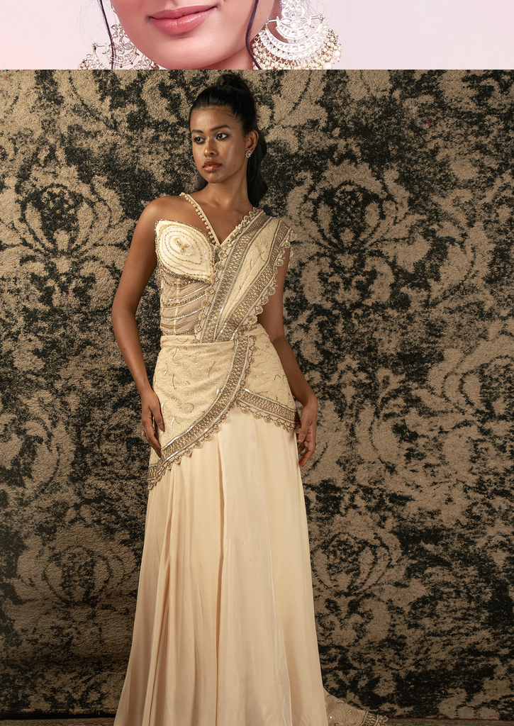 Light Gold Embroidered Silk Satin Draped Saree Set