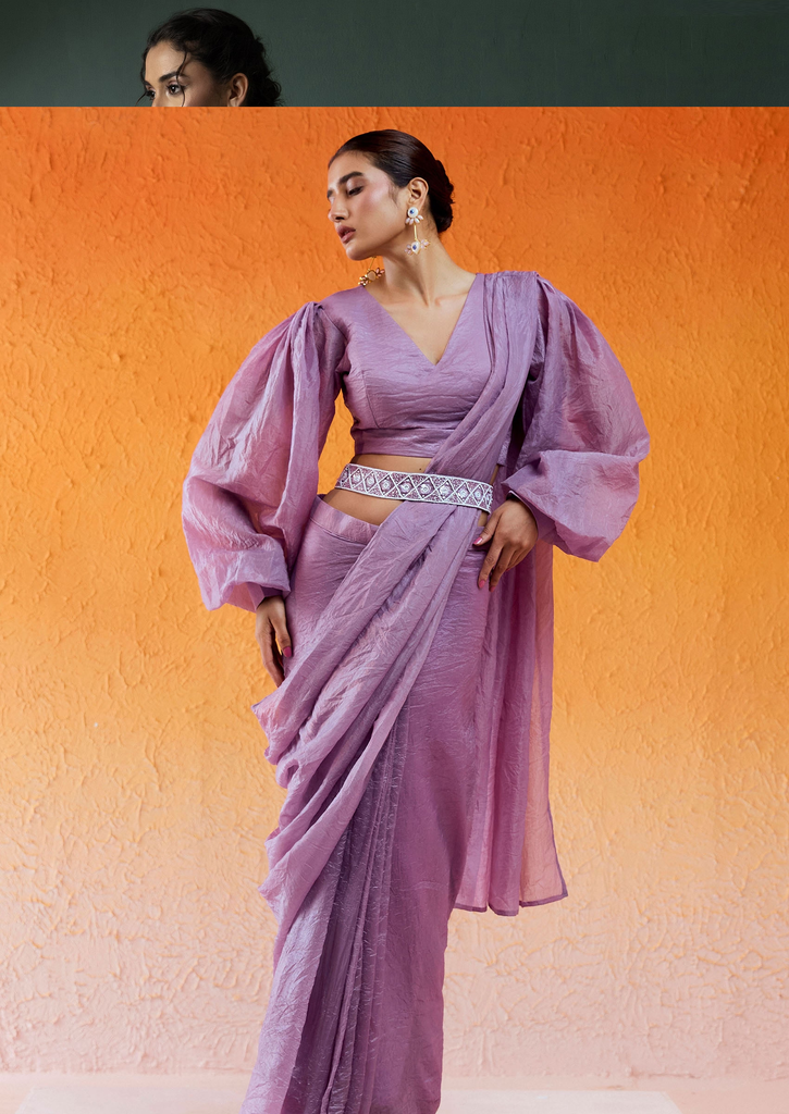 Lavender Sequin Embroidered Crushed Organza Draped Saree Set With Belt