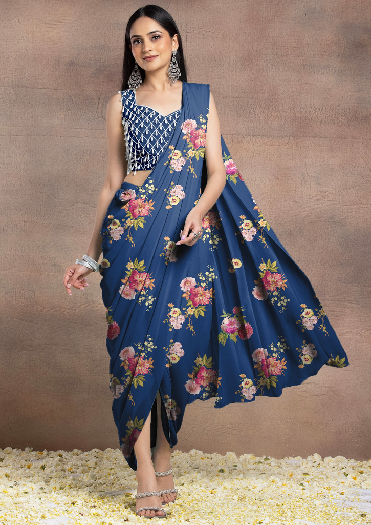 Navy Blue Pre-Stitched Saree Set With Pearl Hand Embroidered Blouse