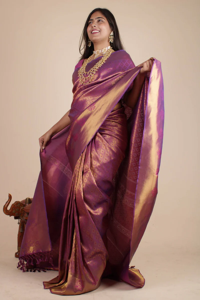 Wine gold kanjivaram dhoop chaanv all over wrap in 1 minute saree