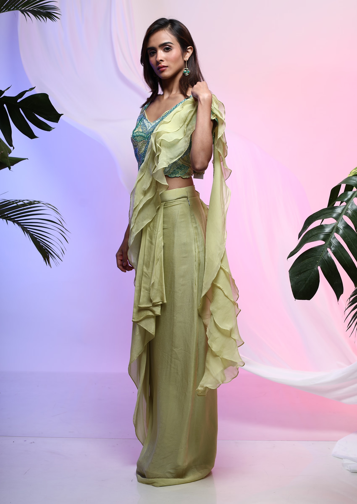 Green Embroidered Chinon Pre-Draped Saree Set