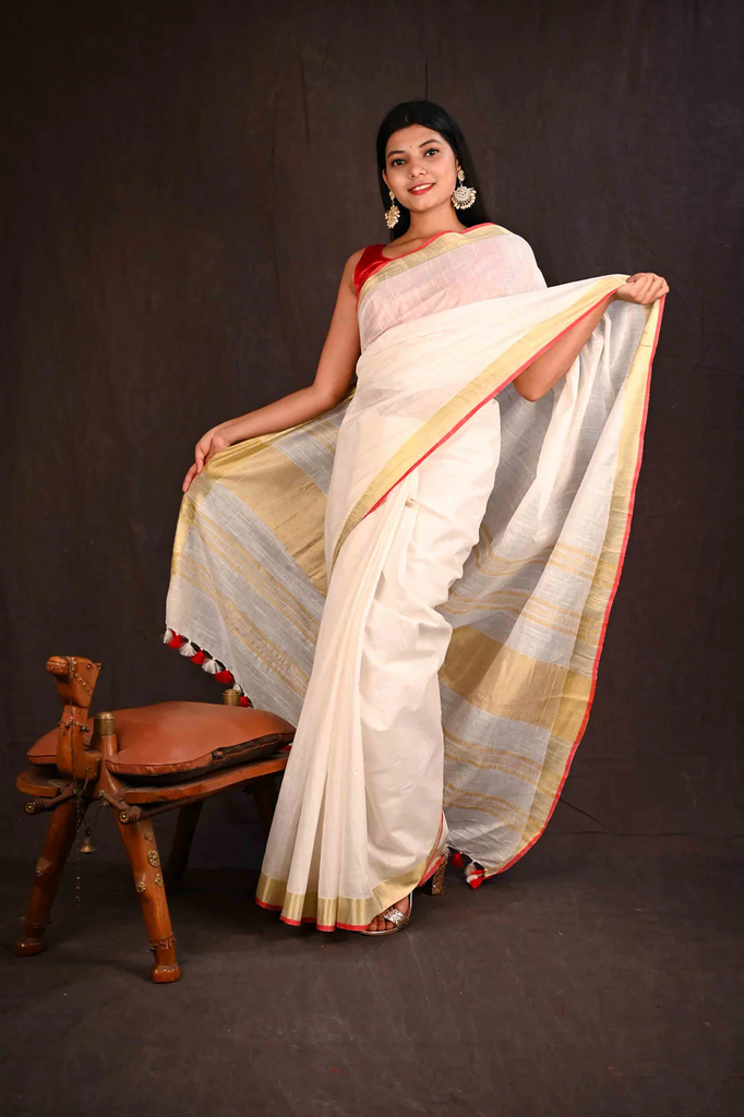 Off white bhagalpuri line with zari & red tiny border wrap in 1 minute saree