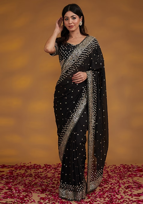 Black Sequin Embroidered Georgette Saree Set