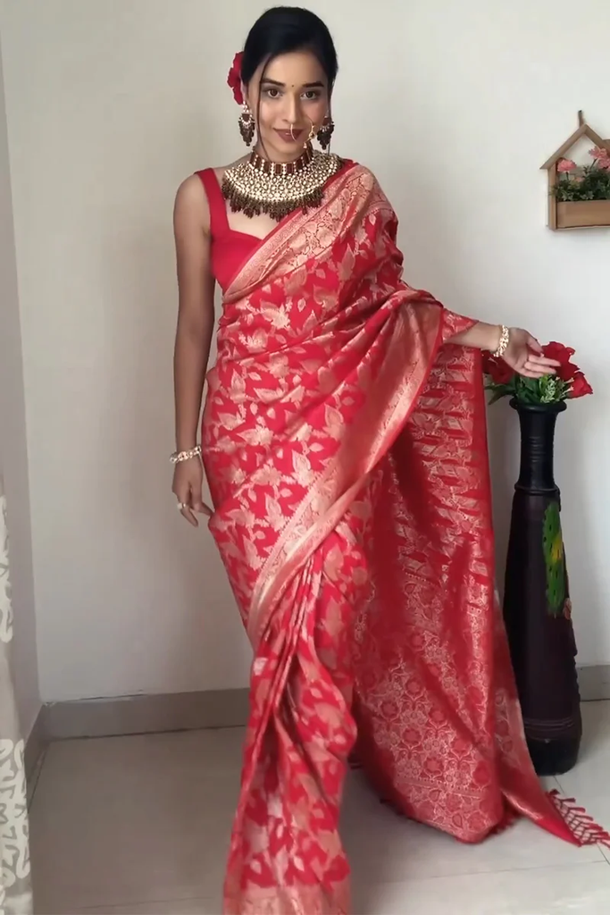 Ready To Wear Red Soft Silk Saree