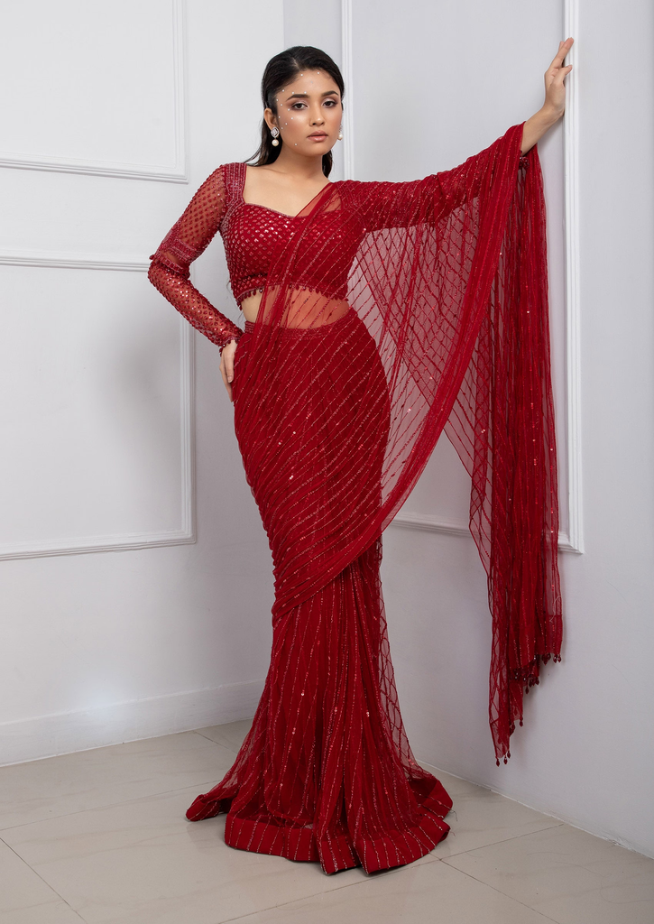 Red Hand Embroidered Pre-Draped Saree Set