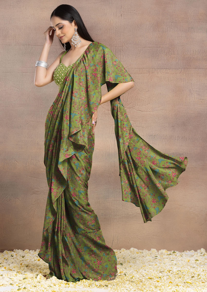 Green Pre-Stitched Saree Set With Grid Embroidered Blouse