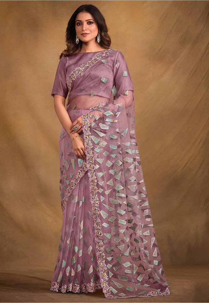 Rubber Printed Net Saree in Light Purple