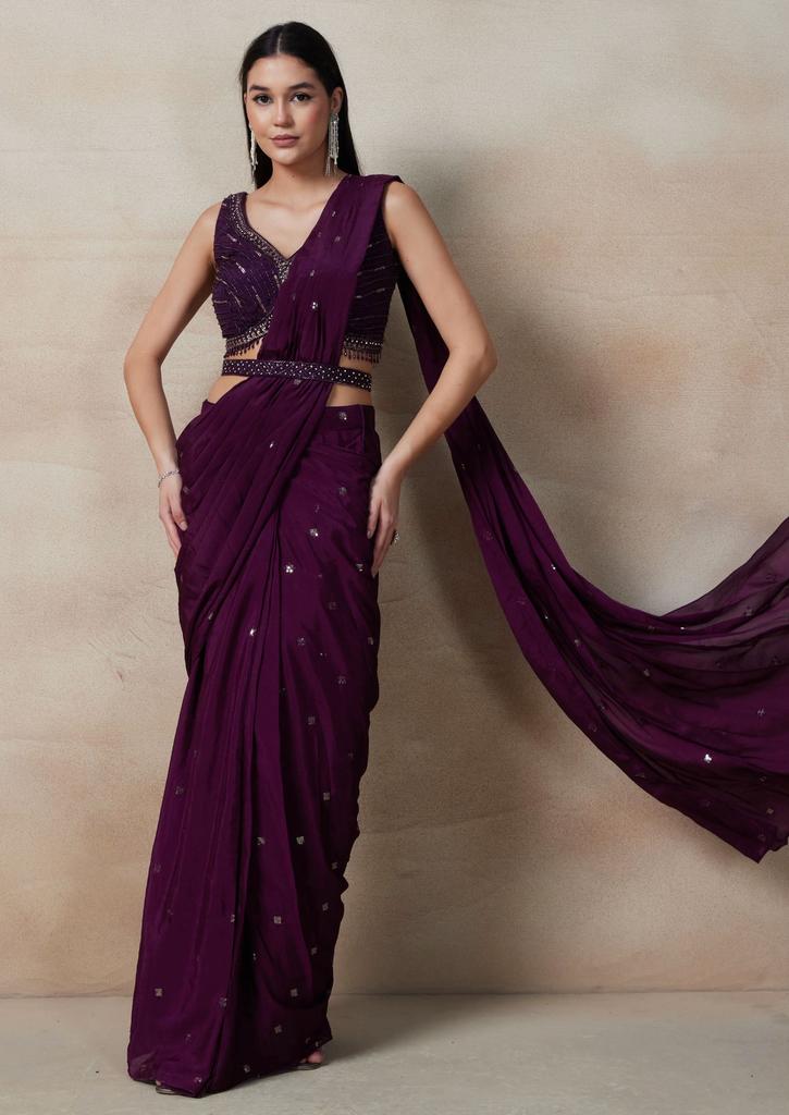 Purple Embellished Pre-Stitched Saree Set With Sequin Embellished Blouse And Belt