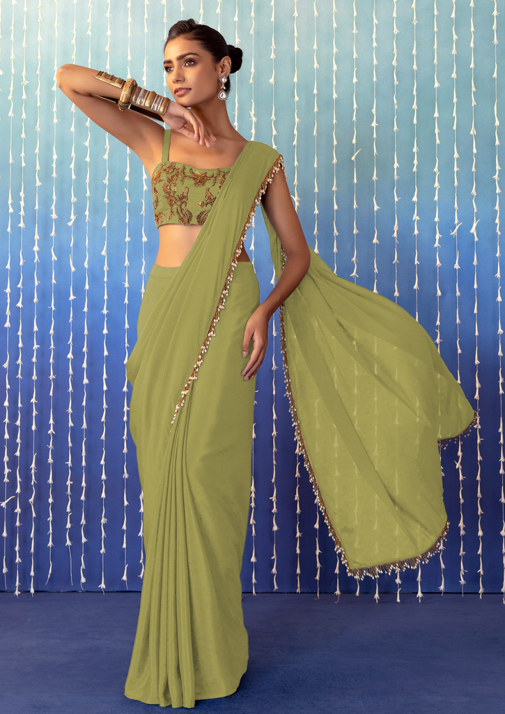 Lime Green Pre-Stitched Saree Set With Floral Embroidered Strappy Blouse