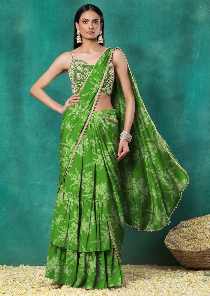 Green Tiered Pre-Stitched Saree Set With Floral Pearl Hand Embroidered Blouse