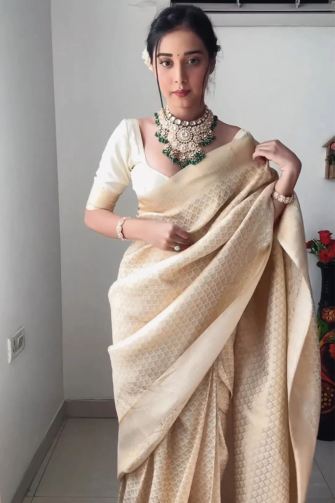 Ready To Wear Beige Kanjivaram Silk Saree