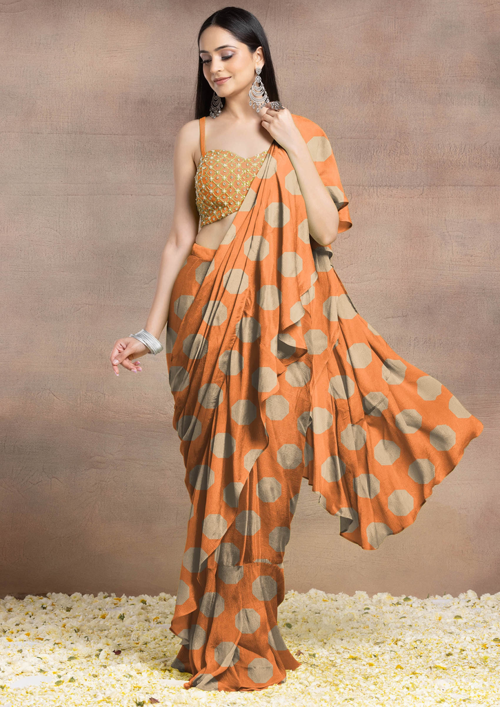 Orange Pre-Stitched Saree Set With Grid Embroidered Blouse