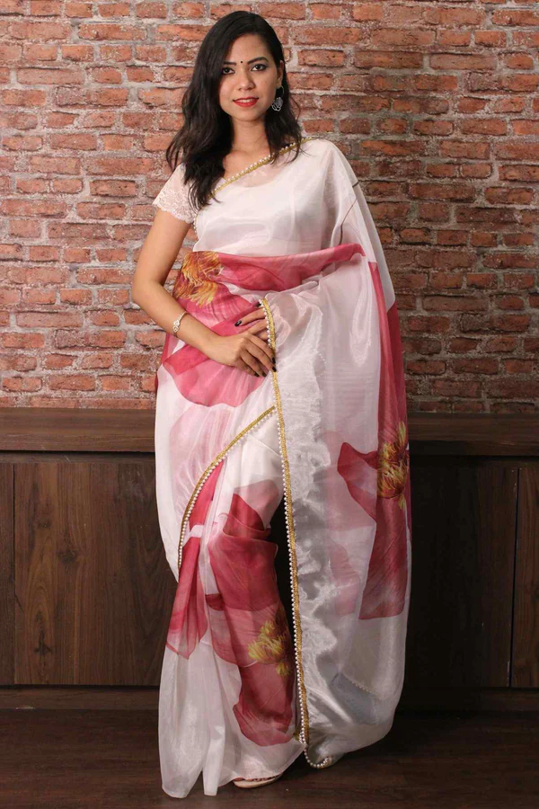 Off white and pink floral organza with moti lace border wrap in 1 minute saree