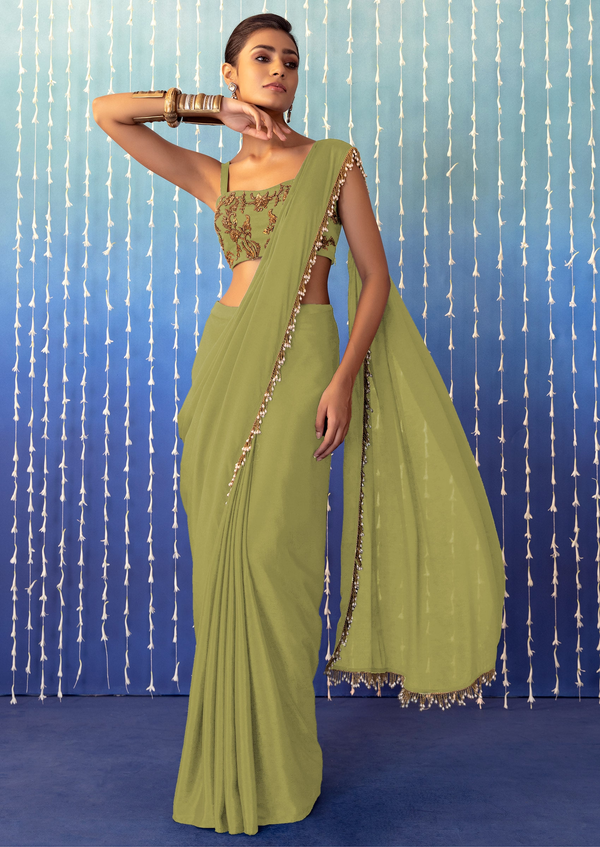 Lime Green Pre-Stitched Saree Set With Floral Embroidered Strappy Blouse