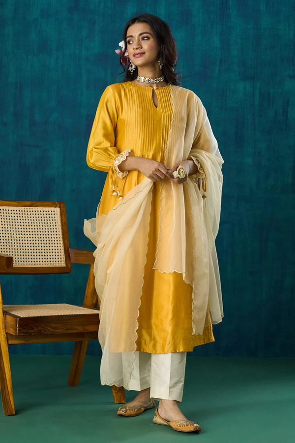 Mango Yellow Pintuck Amrai Kurta Set