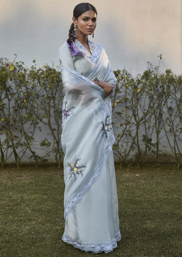 Blue Lace Embroidered Saree With Blouse