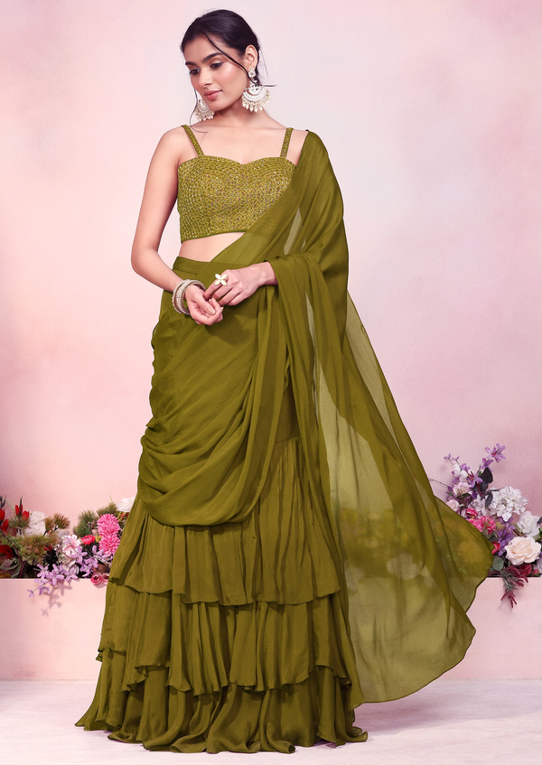 Light Olive Ruffled Pre-Stitched Saree Set With Sequin Thread Hand Embroidered Strappy Blouse