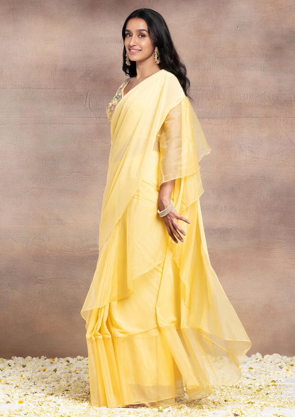 Yellow Pre-Stitched Saree Set With Floral Thread Hand Embroidered Blouse