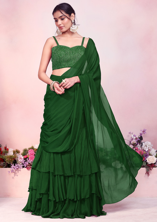 Green Ruffled Pre-Stitched Saree Set With Sequin Thread Hand Embroidered Strappy Blouse