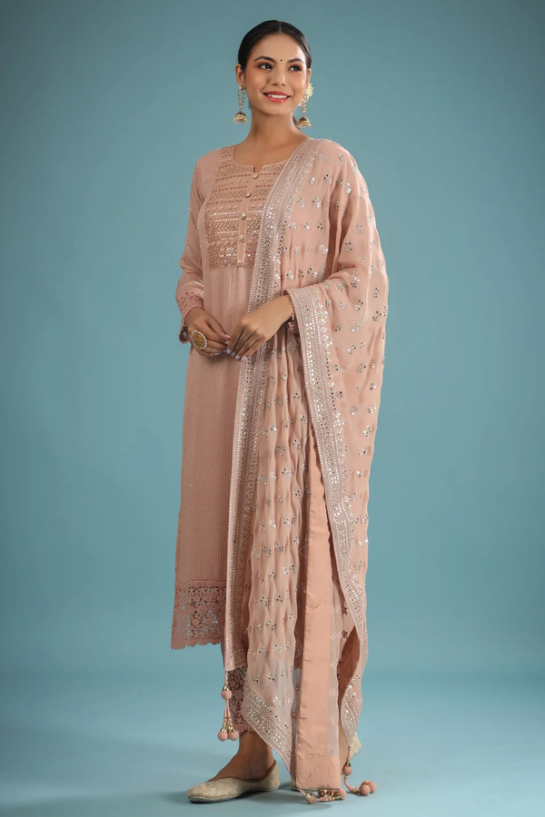 LIGHT BROWN BEIGE MIRROR AND RESHAM EMBROIDERED GEORGETTE SUIT SET