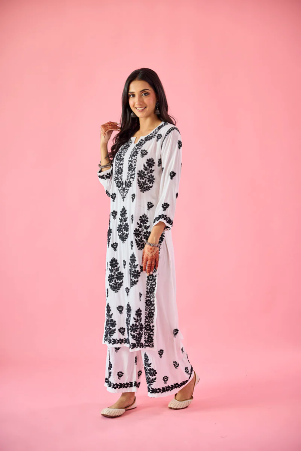 AURUM BLACK & WHITE MODAL HAND EMBROIDERED CHIKANKARI KURTA & PANT SET