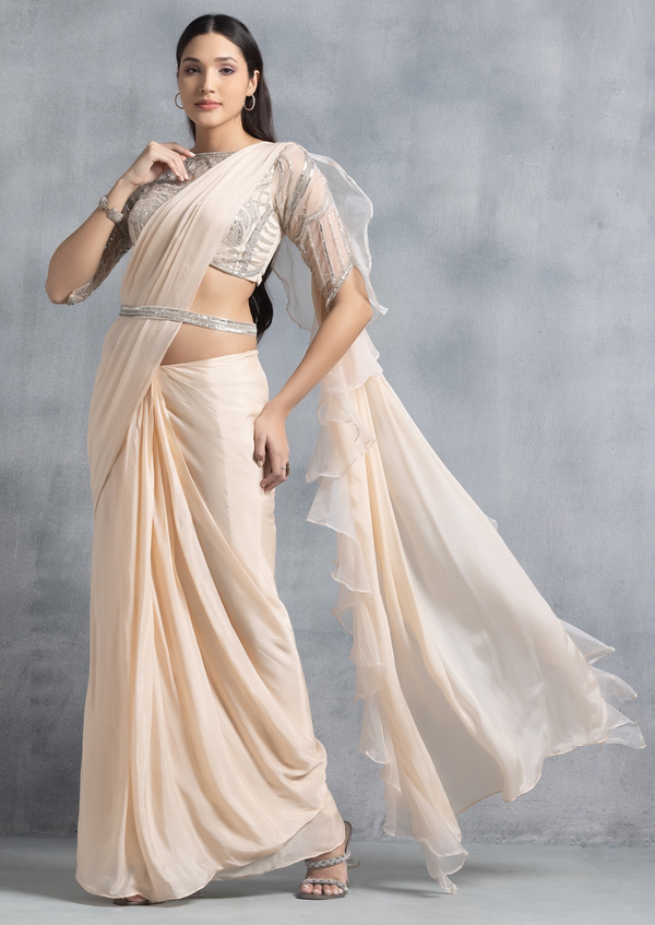 Beige Ruffled Pre-Stitched Saree Set With Sequin Hand Work Blouse And Belt