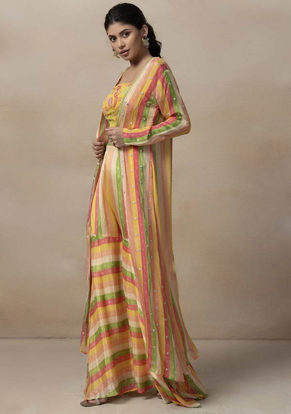 Yellow Printed Sharara Set With Embellished Blouse And Jacket